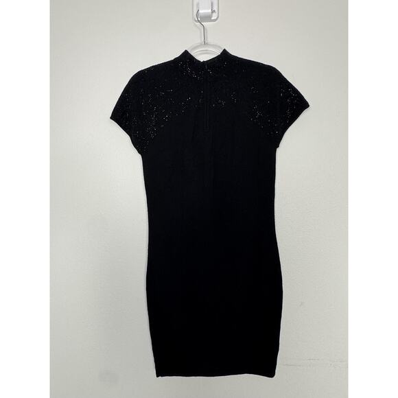 Reiss Dress Womens 6 Black Wool Knit Rhinestone Bodycon Cap Sleeve Modest - Picture 4 of 14